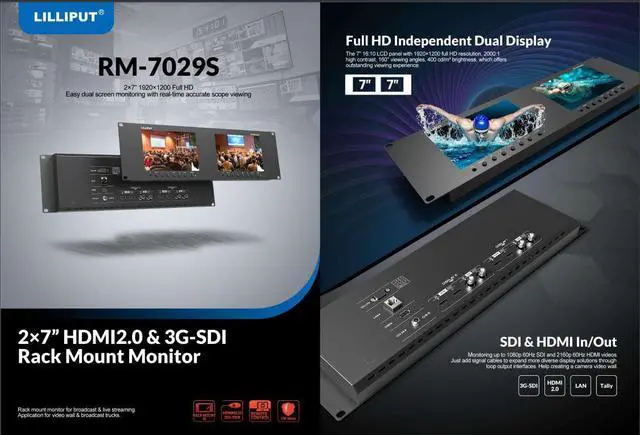 Alt view image 5 of 7 - LILLIPUT Dual Rackmount Monito 7" RM-7029S 3-RU Rackmount Monitor with 3G-SDI /HDMI 2.0 Scope View Support up to 1080p 60Hz SDI and 2160p 60Hz HDMI Video