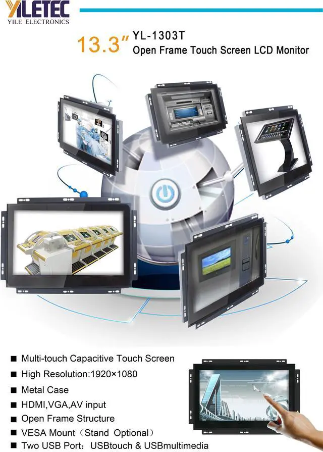 Alt view image 2 of 2 - YILETEC 13.3" Metal OPEN FRAME YL-1303T 16:9 1080P CAPACITIVE MULTI-TOUCH SCREEN WITH HDMI ,VGA AND COMPOSITE INPUT