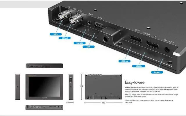 Alt view image 2 of 13 - LILLIPUT 7" Q7 Pro Field Monitor 1920x1200 Metal Slim Design with HDR 3D-LUT SDI/HDMI Cross Conversion Waveform Peaking Precise Color Calibration Gamma Adjustment + Pisen LP-E6 Battery by VIVITEQ
