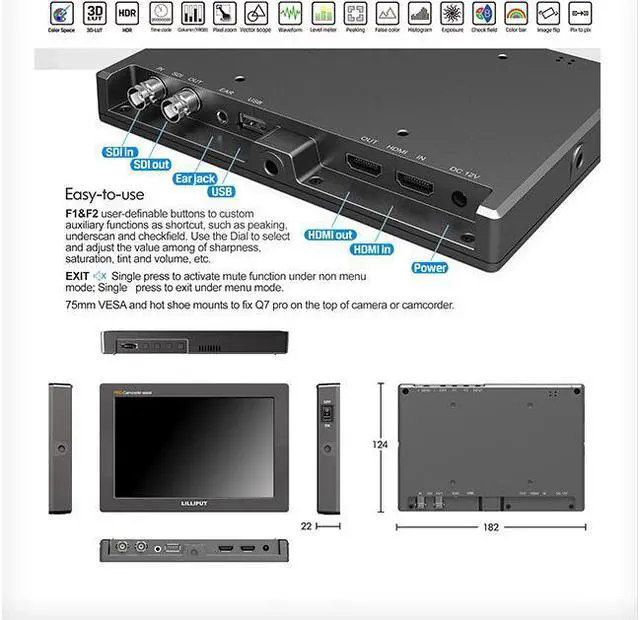 Alt view image 3 of 13 - LILLIPUT 7" Q7 Pro Field Monitor 1920x1200 Metal Slim Design with HDR 3D-LUT SDI/HDMI Cross Conversion Waveform Peaking Precise Color Calibration Gamma Adjustment + Pisen LP-E6 Battery by VIVITEQ