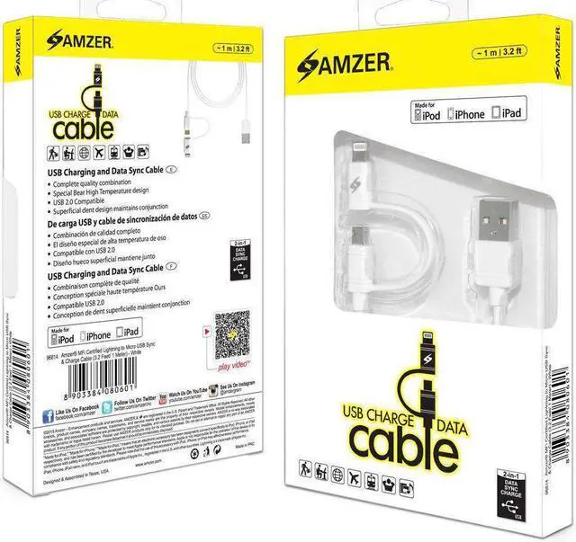 Alt view image 13 of 13 - Amzer MFi Certified Lightning to Micro USB Sync & Charge Cable (3.2 Feet/ 1 Meter) - White