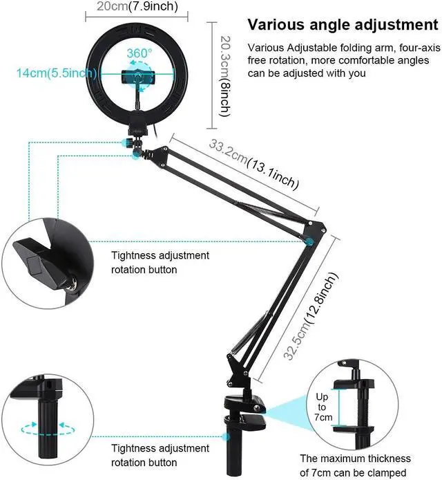 Alt view image 6 of 7 - AMZER Live Broadcast Kits Desktop Arm Stand USB 3 Modes Dimmable Dual Color Temperature LED + 7.9 inch 20cm Ring Curved Light with Phone Clamp - pack of 3