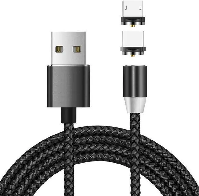 Alt view image 3 of 7 - 2 in 1 USB to Micro USB + Type-C / USB-C Magnetic Metal Joint Nylon Braided Charging Cable, Length - 1m - Black