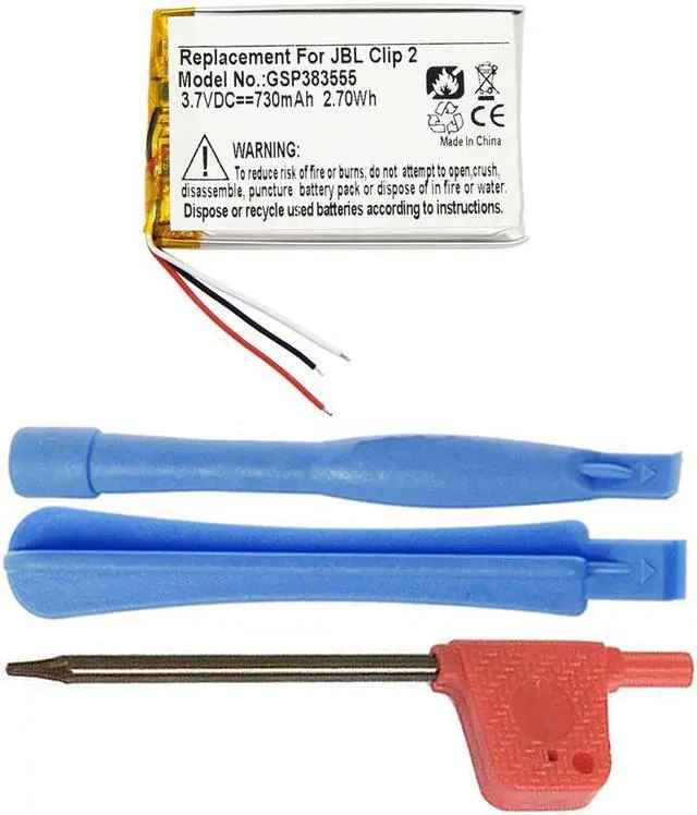 Main image of 730mAh GSP383555 Battery Replacement Compatible with JBL Clip 2 Waterproof Portable Bluetooth Speaker with Installation Tools