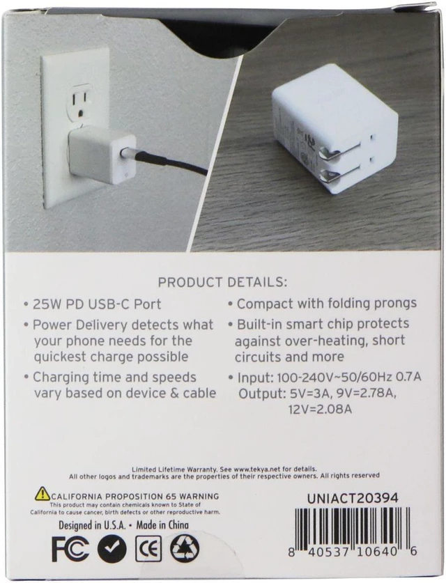 Main image of TekYa 25W USB-C Wall Charger for Smartphones/Tablets - White (UNIACT20394)