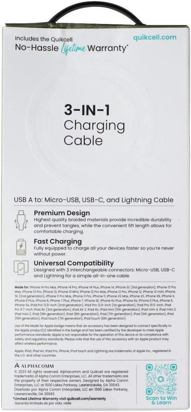 Main image of Quikcell 6FT USB-A to Micro USB, USB-C & Lightning 8-Pin Charging Cable - Black
