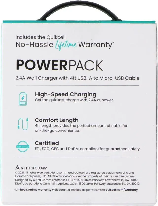 Main image of Quikcell Power Pack 2.4A Wall Charger with 4ft USB-A to Micro-USB Cable - Black