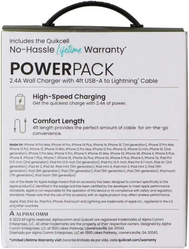 Main image of Quikcell Power Pack 2.4A Wall Charger with 4Ft USB-A to Lightning 8-Pin Cable