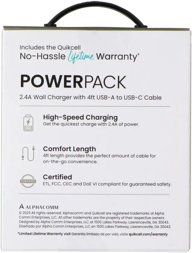 Main image of Quikcell Power Pack 2.4A Wall Charger with 4ft USB-A to USB-C Cable - Black