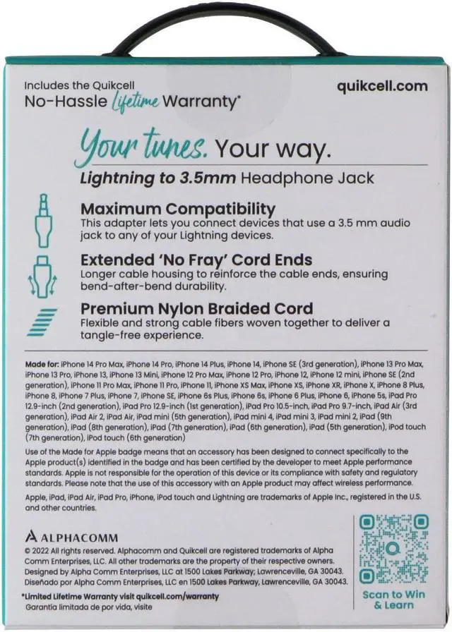 Main image of Quikcell Braided Audio Adapter Cable 8-Pin to 3.5mm Headphone Jack - Black