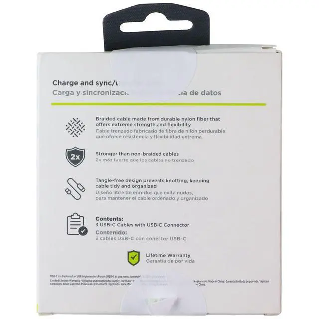 Alt view image 3 of 3 - PureGear 3 Braided USB-C Charging Cables - White (10 Foot/6 Foot/4 Foot)