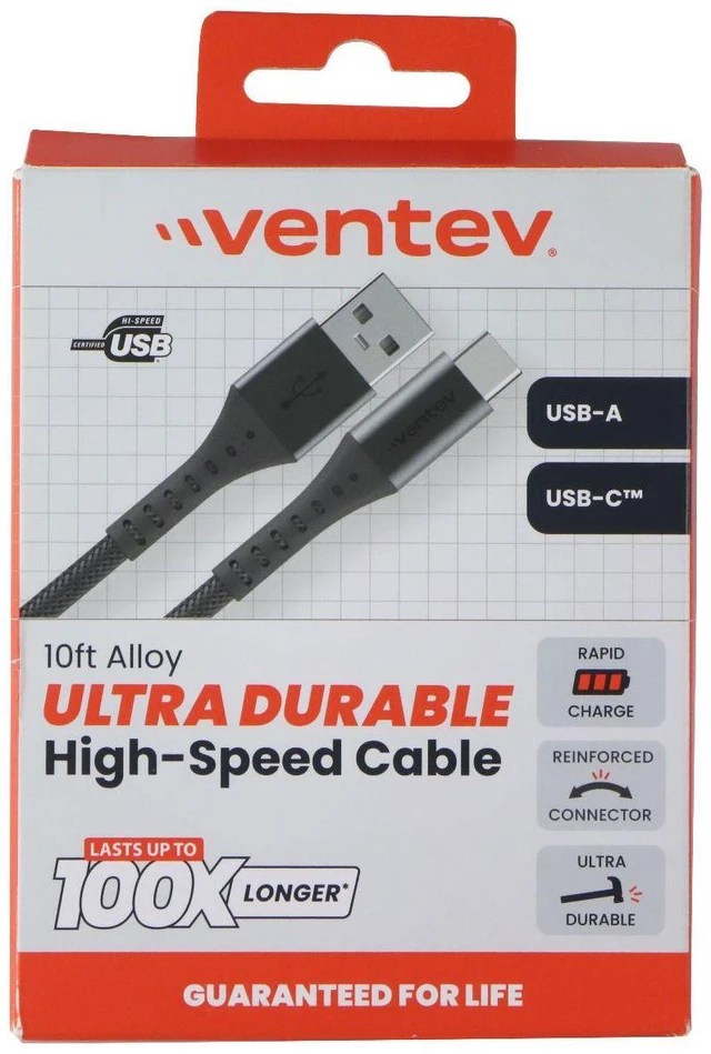 Alt view image 4 of 5 - Ventev 10 Foot Alloy USB-A to USB-C Ultra Durable High Speed Cable - Gray