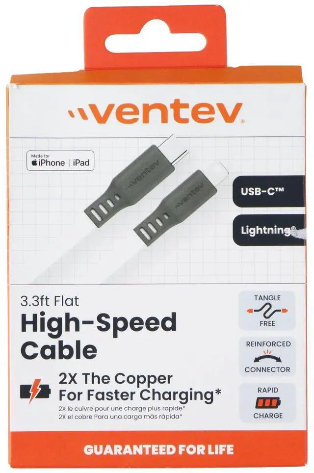 Alt view image 4 of 4 - VENTEV 3.3 Foot USB-C to Lightning (8-Pin) High Speed Flat Cable - White