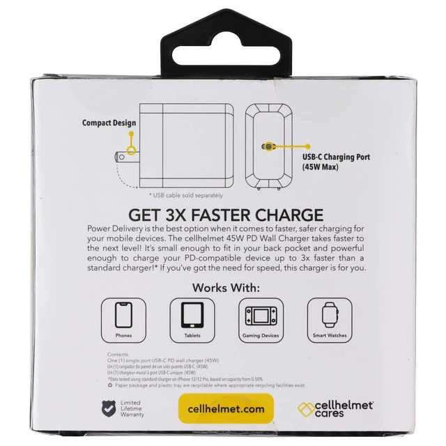 Alt view image 2 of 2 - CellHelmet 45W Single Port USB-C PD Wall Charger - White