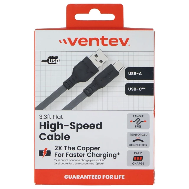 Alt view image 5 of 5 - Ventev 3.3 Foot USB-A to USB-C High Speed Flat Cable - Gray