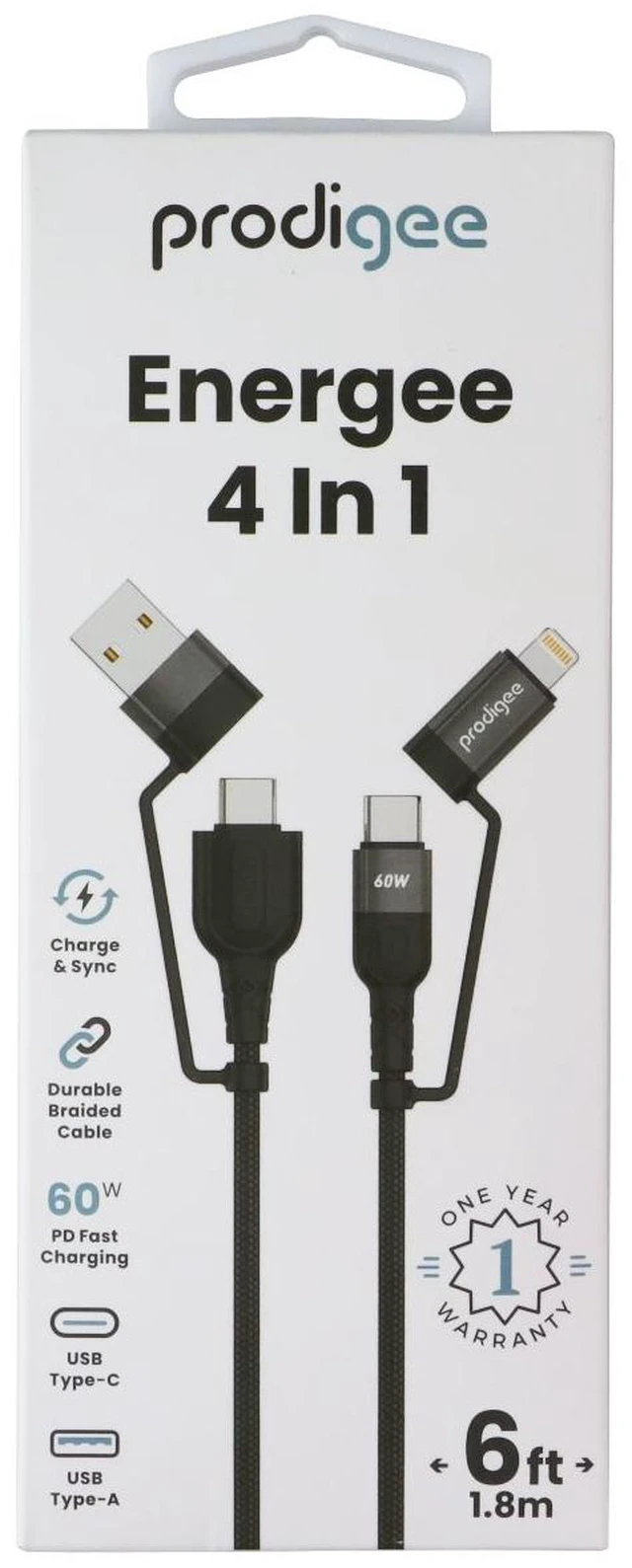 Main image of Prodigee Energee 6 Foot 4 in 1 (USB-C/USB-A/Lightning (8-Pin)) Cable - Black