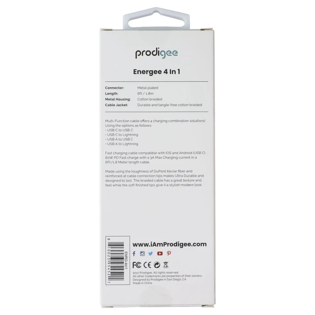 Alt view image 2 of 2 - Prodigee Energee 6 Foot 4 in 1 (USB-C/USB-A/Lightning (8-Pin)) Cable - Black