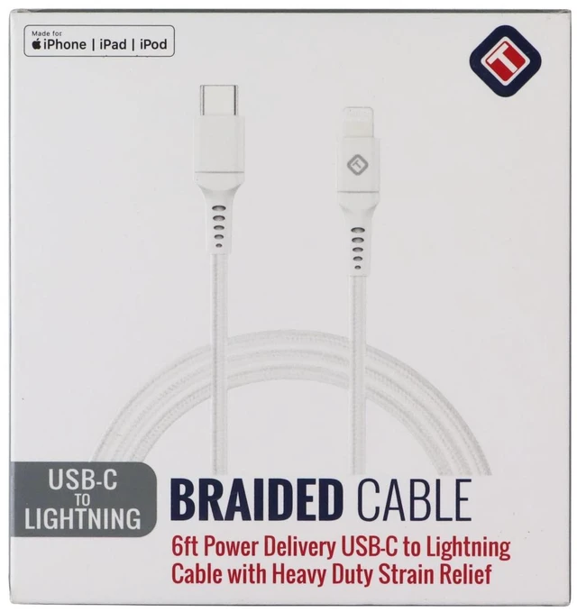 Main image of TekYa (6-Foot) Braided Cable - Power Delivery USB-C to Lightning 8-Pin - White