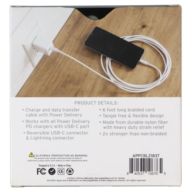 Alt view image 2 of 2 - TekYa (6-Foot) Braided Cable - Power Delivery USB-C to Lightning 8-Pin - White
