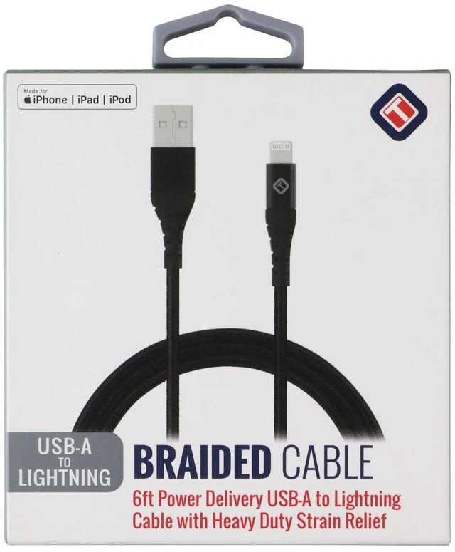 Main image of TekYa (6-Foot) Braided Cable - Power Delivery USB-A to Lightning 8-Pin - Black
