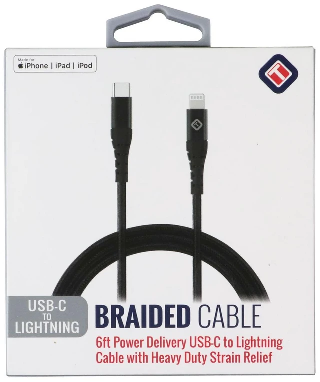Main image of TekYa (6-Foot) Braided Cable - Power Delivery USB-C to Lightning 8-Pin - Black