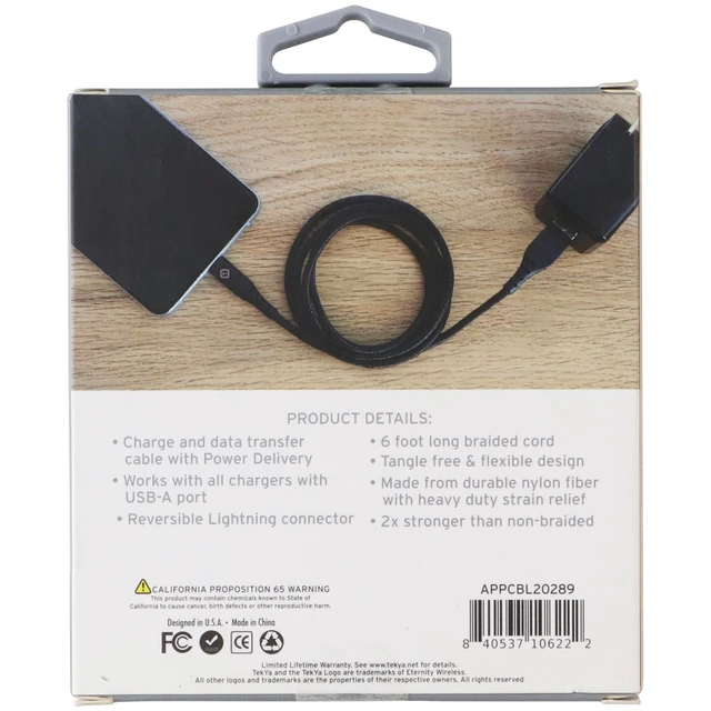 Alt view image 2 of 2 - TekYa (6-Foot) Braided Cable - Power Delivery USB-A to Lightning 8-Pin - Black