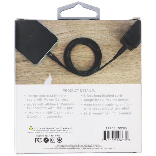 Alt view image 2 of 2 - TekYa (6-Foot) Braided Cable - Power Delivery USB-C to Lightning 8-Pin - Black