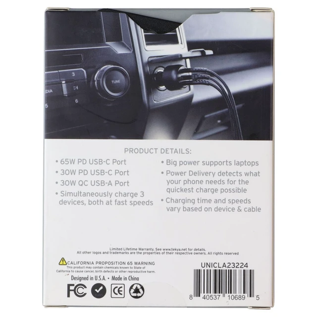 Alt view image 2 of 2 - TekYa (95W) 3-Port High Speed Car Charger (2x UBS-C / 1x USB-A) - Black