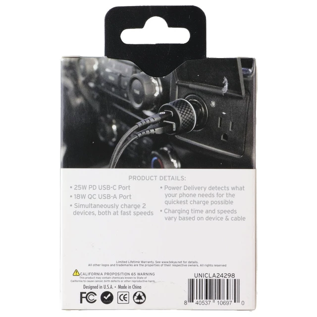 Alt view image 2 of 2 - TEKYA 43W Dual Port (USB-A + USB-C) Car Charger - Black