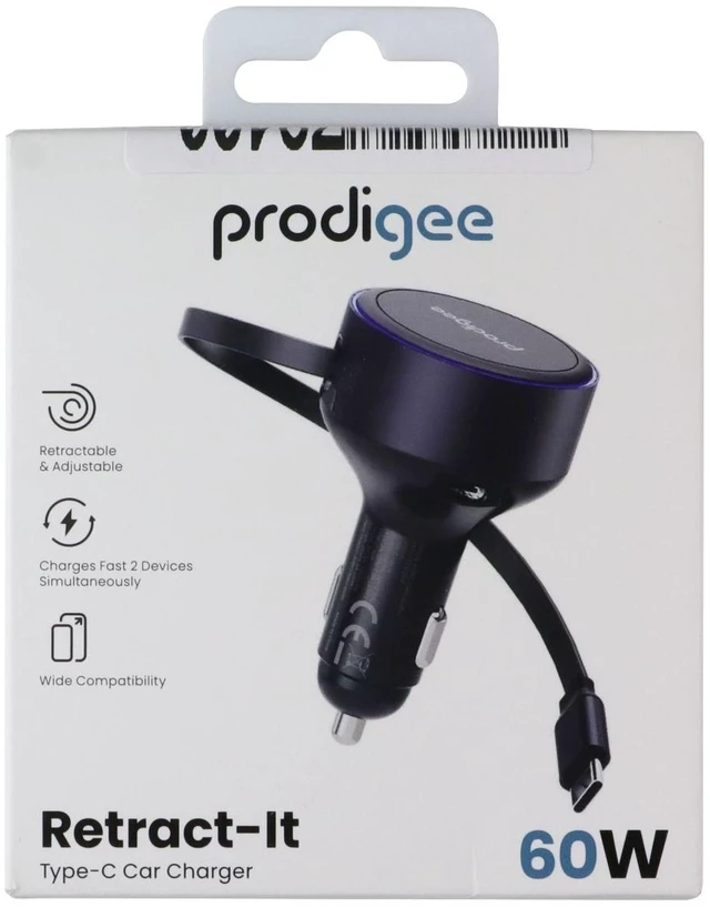 Main image of Prodigee Retract-IT Dual Type-C 60W Car Charger - Black