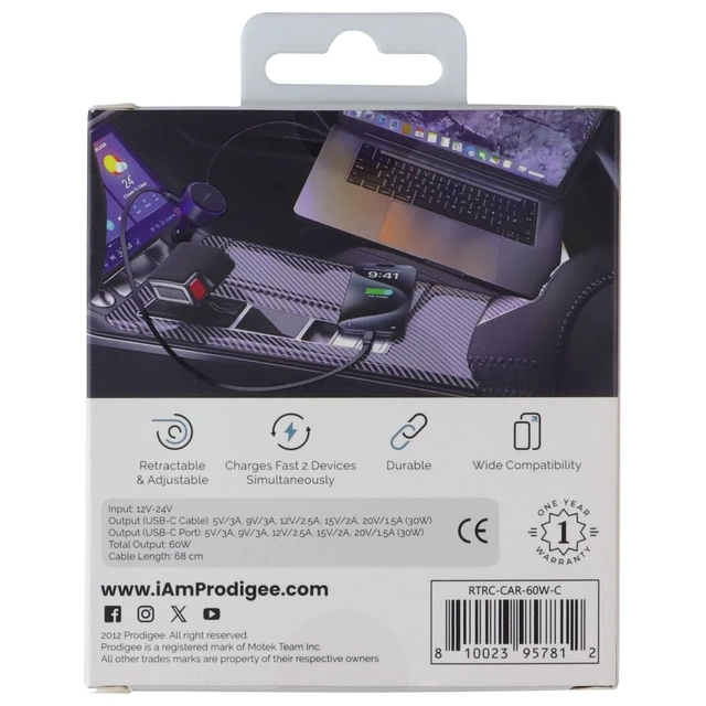 Alt view image 2 of 2 - Prodigee Retract-IT Dual Type-C 60W Car Charger - Black