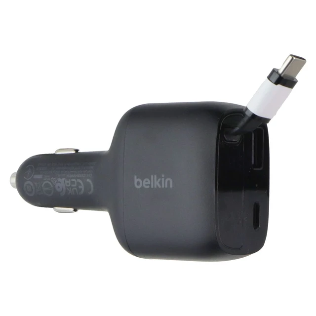 Alt view image 2 of 3 - Belkin (75W) BoostCharge Dual Port Car Charger w/Retractable USB-C Cable - Black