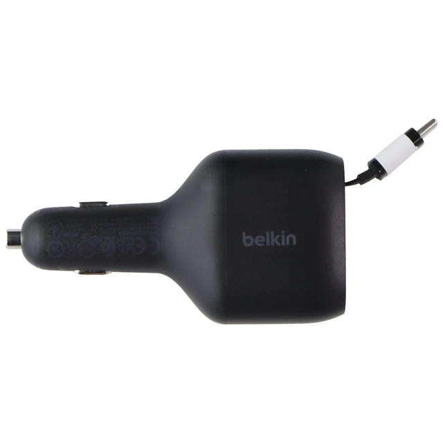 Alt view image 3 of 3 - Belkin (75W) BoostCharge Dual Port Car Charger w/Retractable USB-C Cable - Black