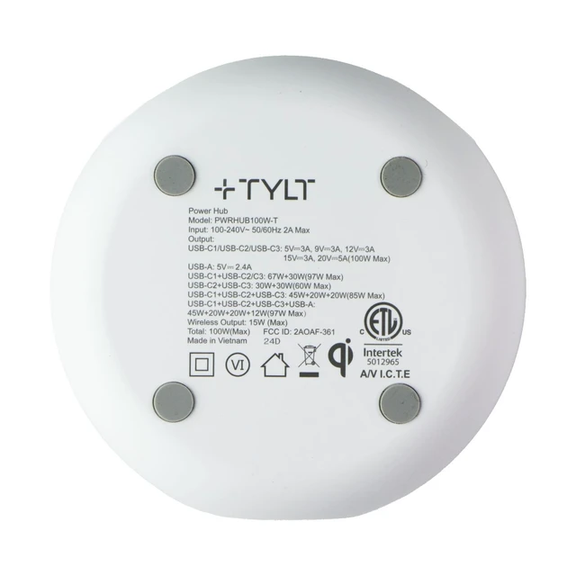Alt view image 7 of 10 - Tylt Multi Port 100W Power delivery Hub with Wireless charging (3USB-C + 1USB-A) Color l White