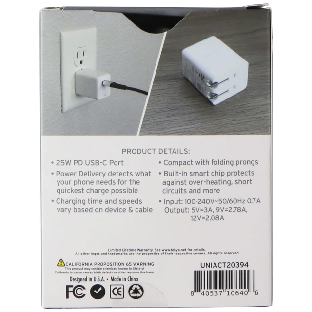 Alt view image 6 of 6 - TekYa 25W USB-C Wall Charger for Smartphones/Tablets - White (UNIACT20394)