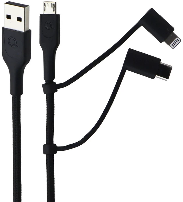 Main image of Quikcell 6FT USB-A to Micro USB, USB-C & Lightning 8-Pin Charging Cable - Black