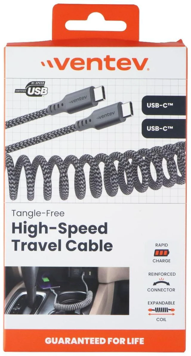 Main image of Ventev USB-C to USB-C Expandable Tangle Free High Speed Travel Cable - Gray