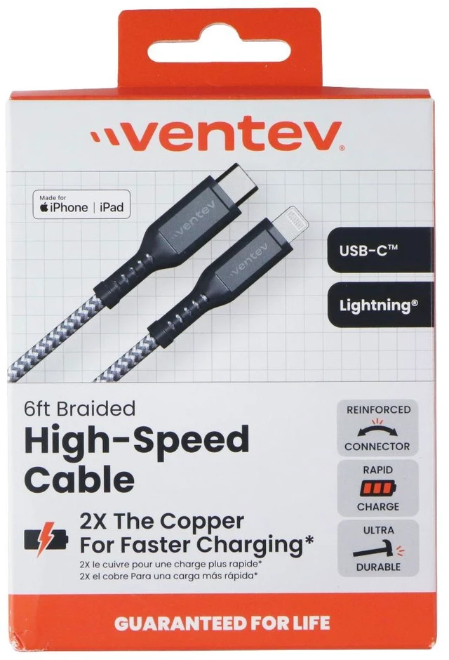 Alt view image 4 of 5 - Ventev (6-Foot) USB-C to 8-Pin Braided High-Speed Cable - Black/Gray