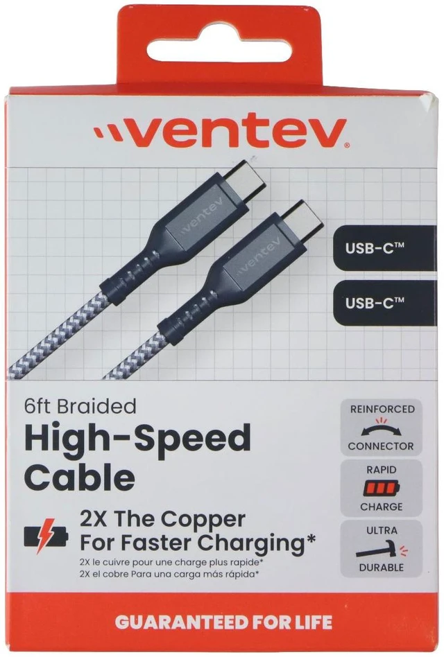 Alt view image 3 of 4 - Ventev (6-Foot) USB-C to USB-C Braided High-Speed Cable - Black/Gray