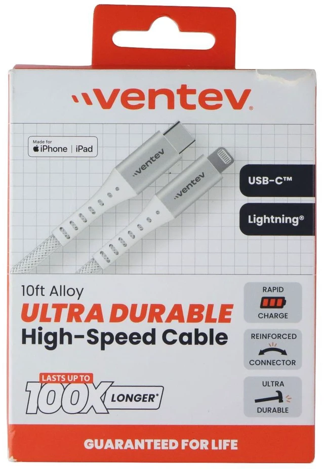Alt view image 4 of 5 - Ventev 10 Foot Alloy USB-C to Lightning 8-Pin Ultra Durable Cable - White