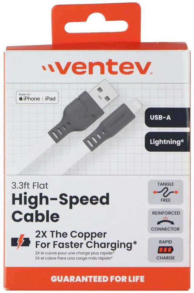 Alt view image 4 of 5 - VENTEV 3.3 Foot USB-A to Lightning (8-Pin) High Speed Flat Cable - White