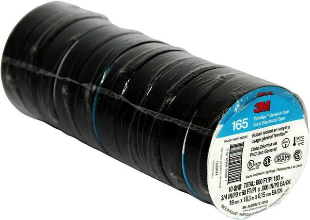 Main image of 3M Temflex Vinyl Electrical Tape 165 Multi-purpose 3/4" X 60FT Black 10 Rolls
