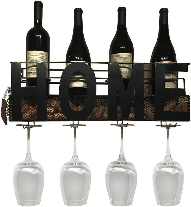 Main image of Home Wall Mounted Hanging Wine Rack & Cork Holder for 4 Bottles and 4 Wine Glasses