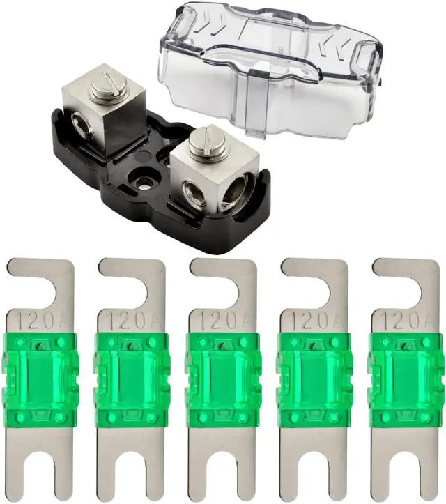 Main image of 4-8 Gauge Nickel Plated Mini ANL Fuse Holder with 5 Pack Nickel Plated 120 Amp MANL Fuse