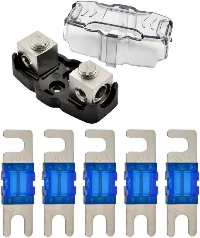 Main image of 4-8 Gauge Nickel Plated Mini ANL Fuse Holder with 5 Pack Nickel Plated 60 Amp MANL Fuse