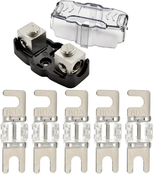 Main image of 4-8 Gauge Nickel Plated Mini ANL Fuse Holder with 5 Pack Nickel Plated 80 Amp MANL Fuse