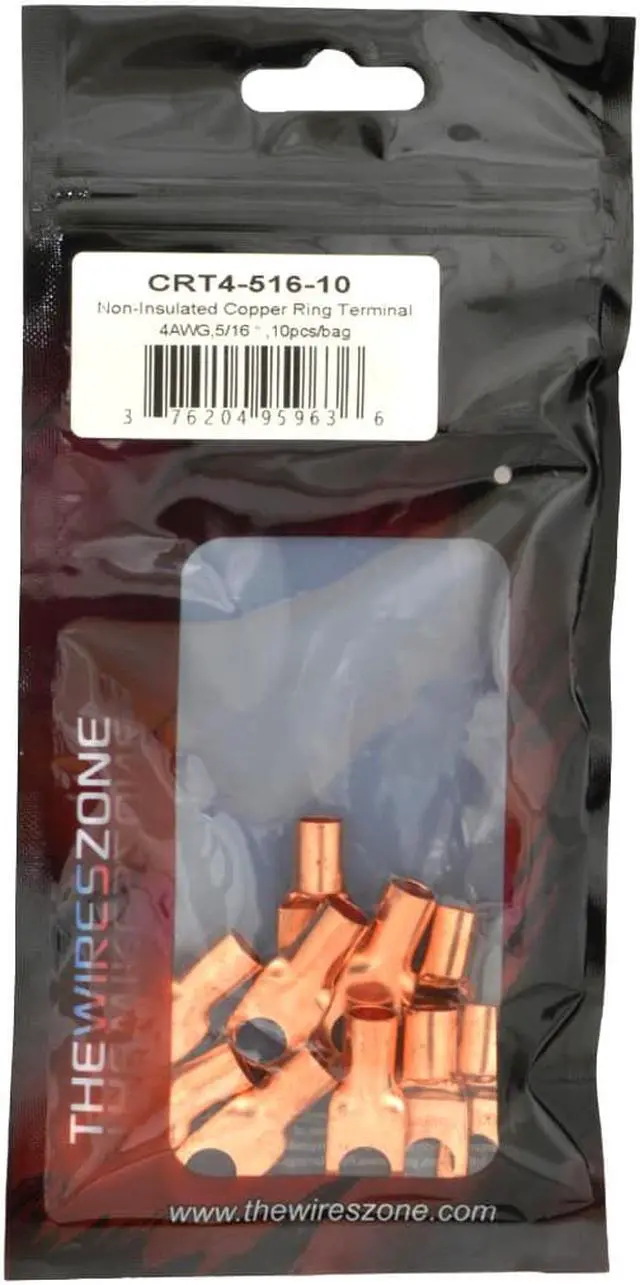Alt view image 3 of 3 - 4 Gauge AWG Non-Insulated Pure Copper Lugs Ring Terminals Connectors 5/16" Inch Ring Size 10 Pack