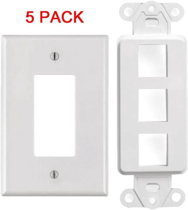 Main image of White 3 Port Decora Keystone Snap-in Jack Modular Wall Insert Cover Plate (5/pk)