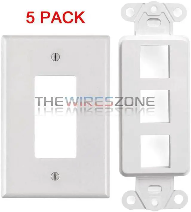 Alt view image 3 of 4 - White 3 Port Decora Keystone Snap-in Jack Modular Wall Insert Cover Plate (5/pk)