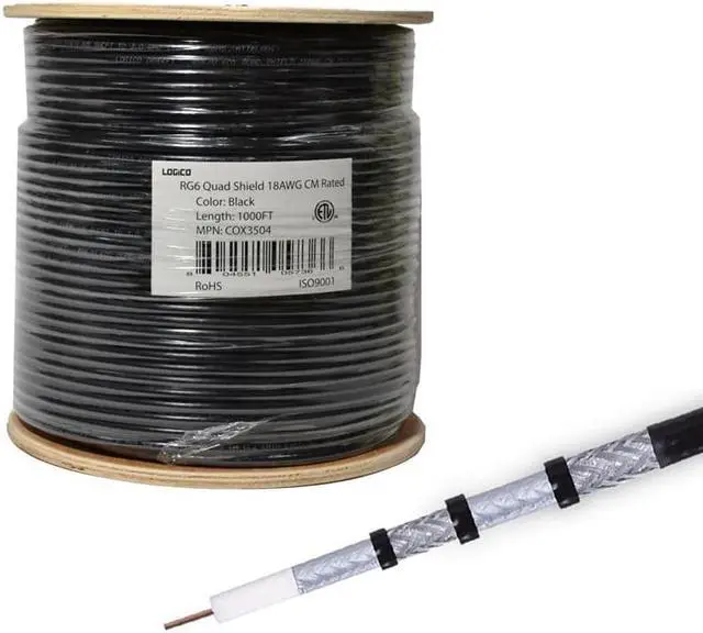 Alt view image 4 of 11 - RG6 Quad Shield Coaxial Cable 18 AWG 1000ft Bulk Coax Satellite TV Black